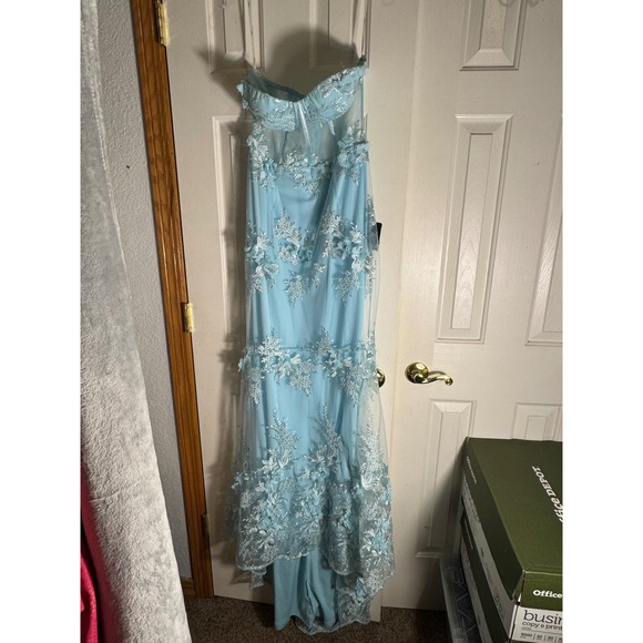 Lulus Dresses & Skirts - Lulus Light Blue Floral Lace 3D Applique Bustier Maxi Dress Formal Evening Prom